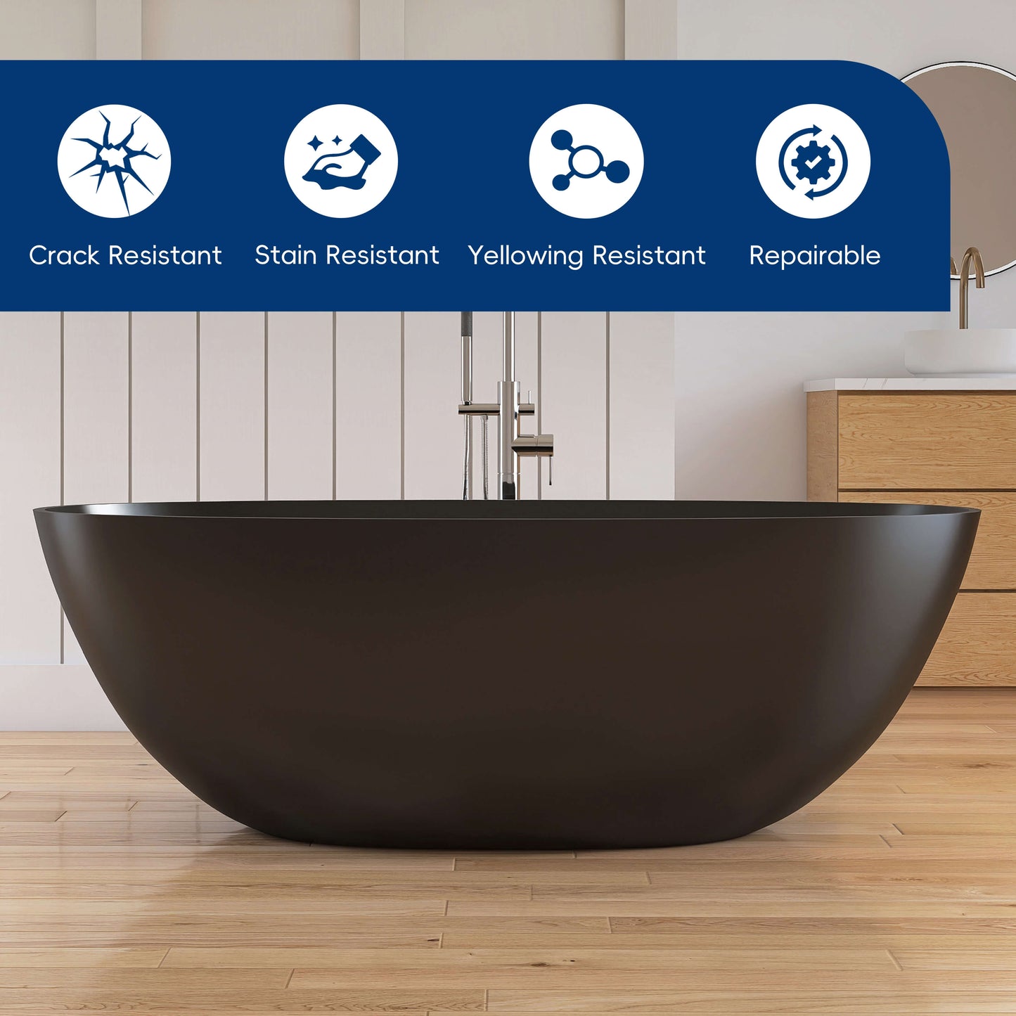 Medunjess 65'' Oval Luxury Resin Stone Soaking Tub,Black