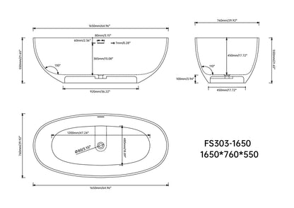 Medunjess 65" White Oval Luxury Freestanding Solid Surface Resin Stone Soaking Tub