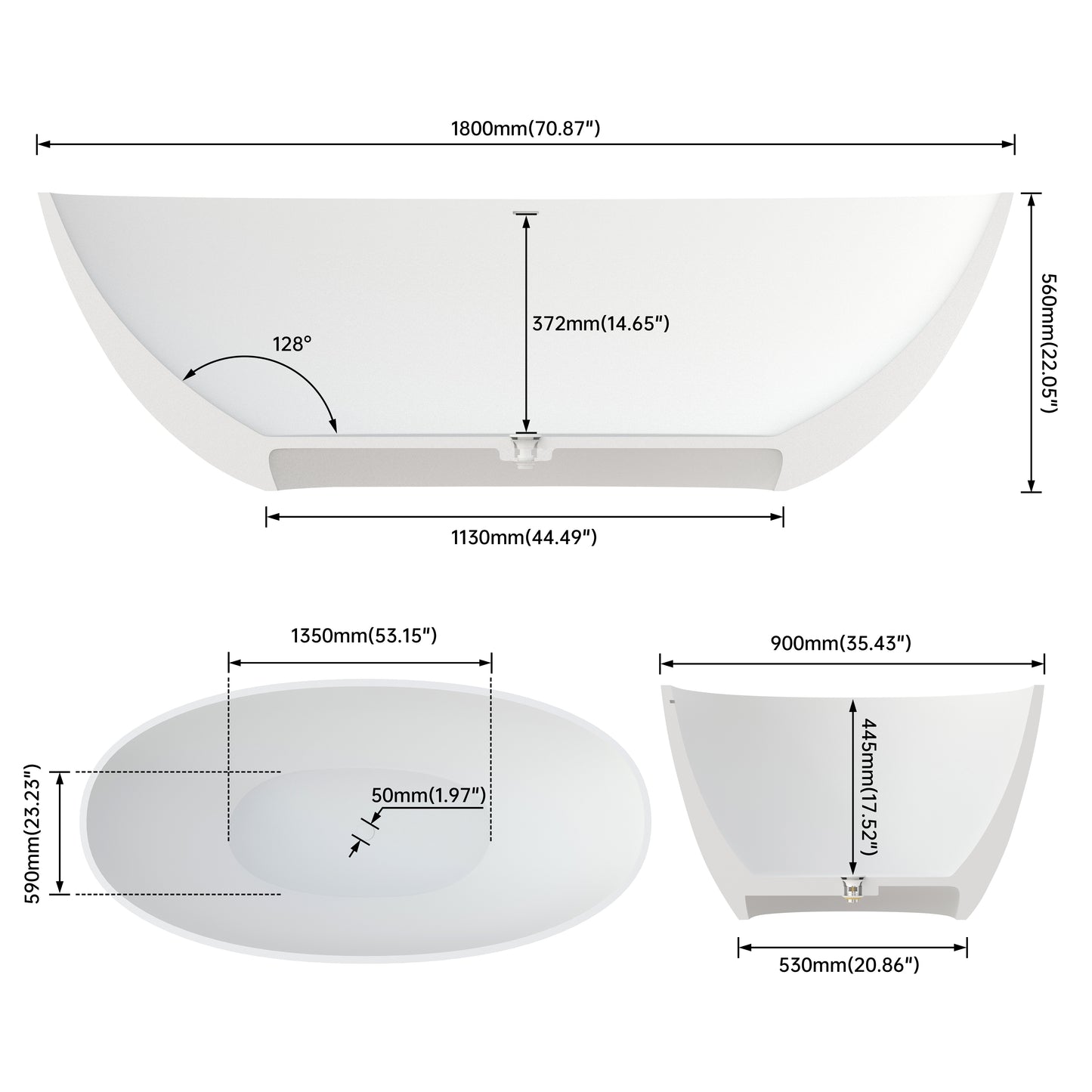 Medunjess 71" Classic Large Capacity Solid Surface Stone Resin Freestanding Soaking Bahtutb