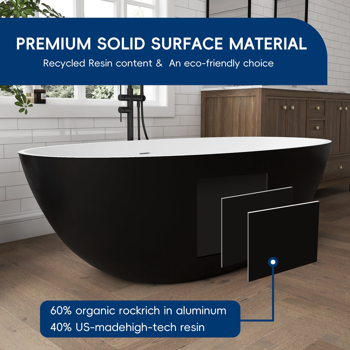 Medunjess 71" Black & White Classic Large Capacity Solid Surface Stone Resin Bahtutb
