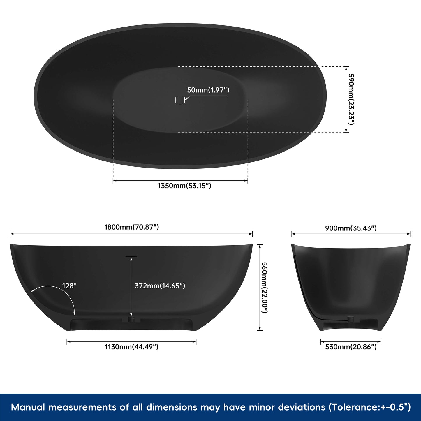 Medunjess 71" Freestanding Soaking Bahtutb Solid Surface Stone Resin Soaking Bathtub,Black