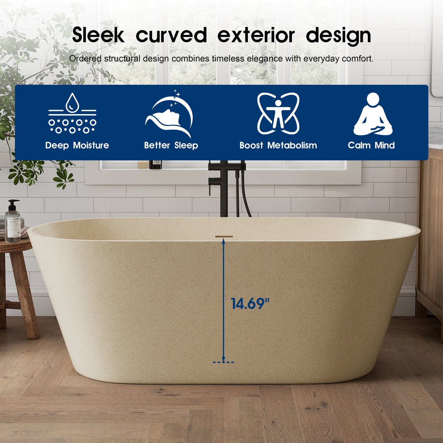 Medunjess 63" Aurum Freestanding Solid Surface Resin Stone Soaking Bathtub