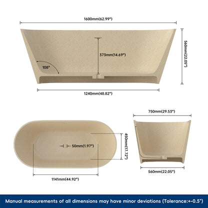 Medunjess 63" Aurum Freestanding Solid Surface Resin Stone Soaking Bathtub