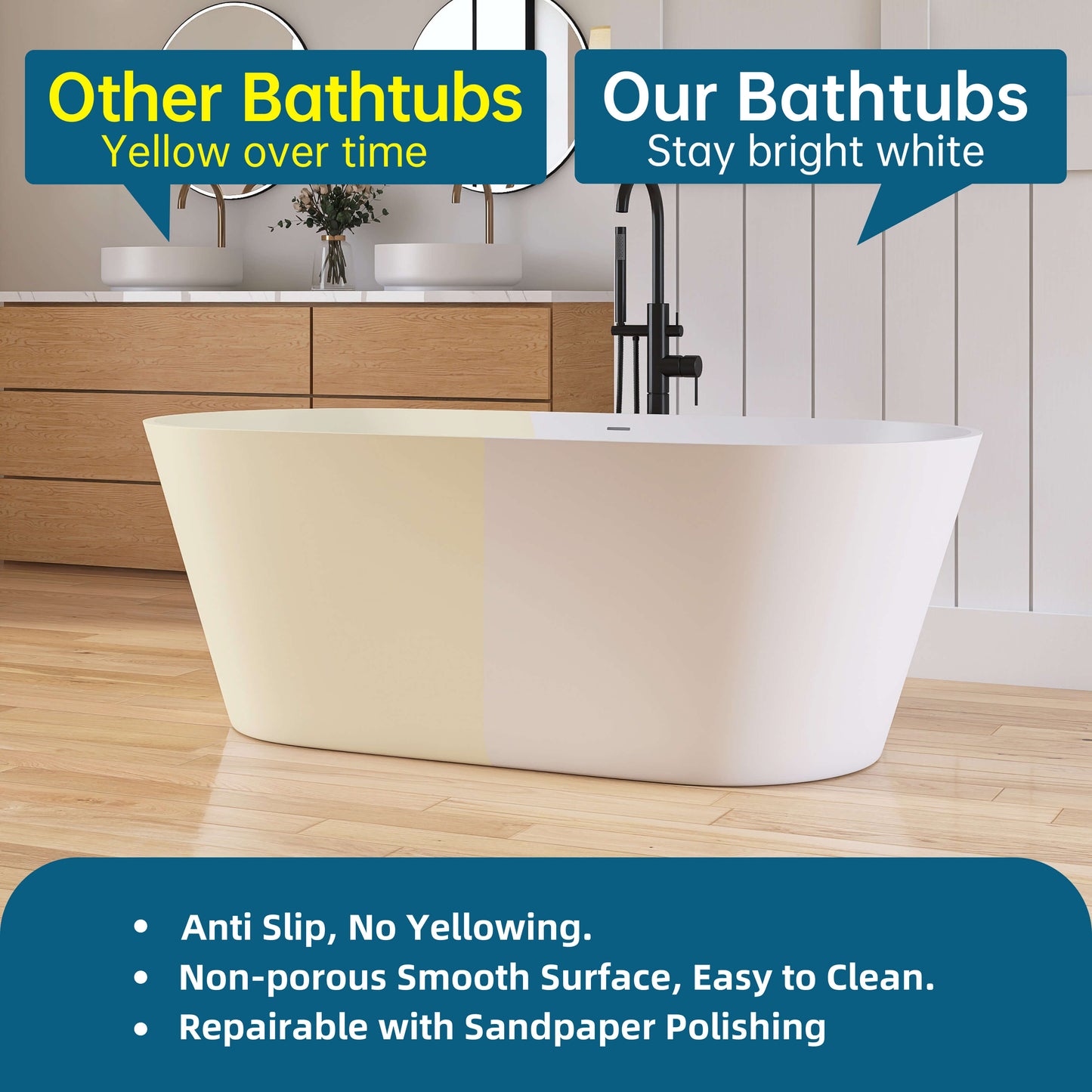 Medunjess 63'' Freestanding Tub Solid Surface Deep Freestanding Soaking Bathtub