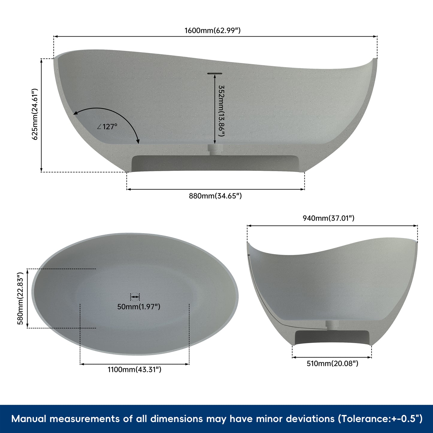 Medunjess 63" Granular Light Grey Wavy Freestanding Tub Solid Surface Freestadning Bathtub