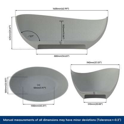 Medunjess 63" Granular Light Grey Wavy Freestanding Tub Solid Surface Freestadning Bathtub