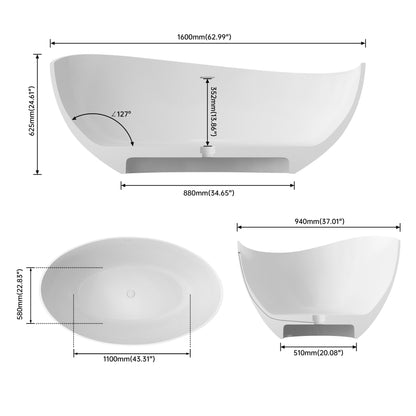 Medunjess 63" Wavy Freestanding Tub Solid Surface Freestadning Stone Resin Soaking Bathtub