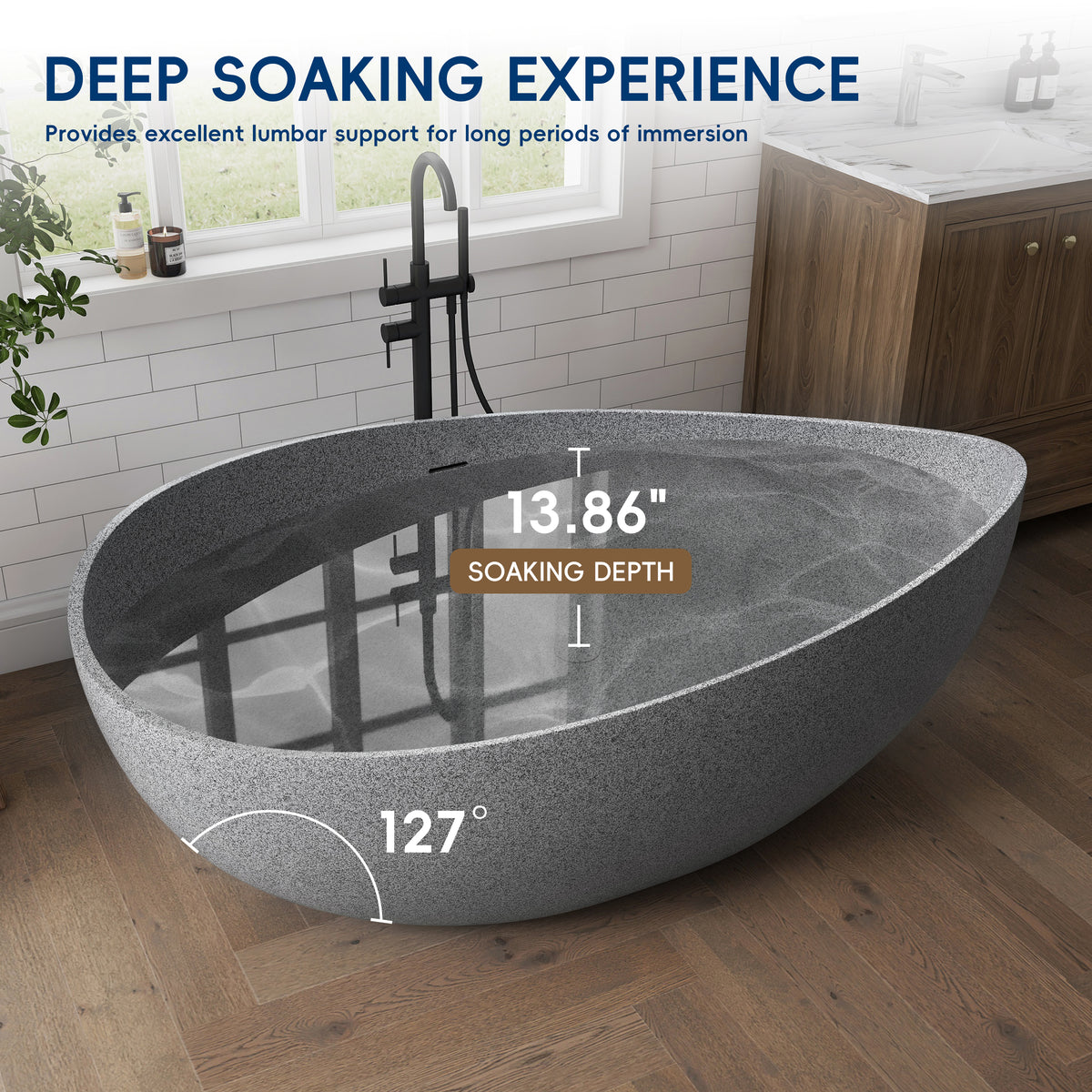 Medunjess 63" Granular Grey Wavy Freestanding Tub Solid Surface Freestadning Bathtub