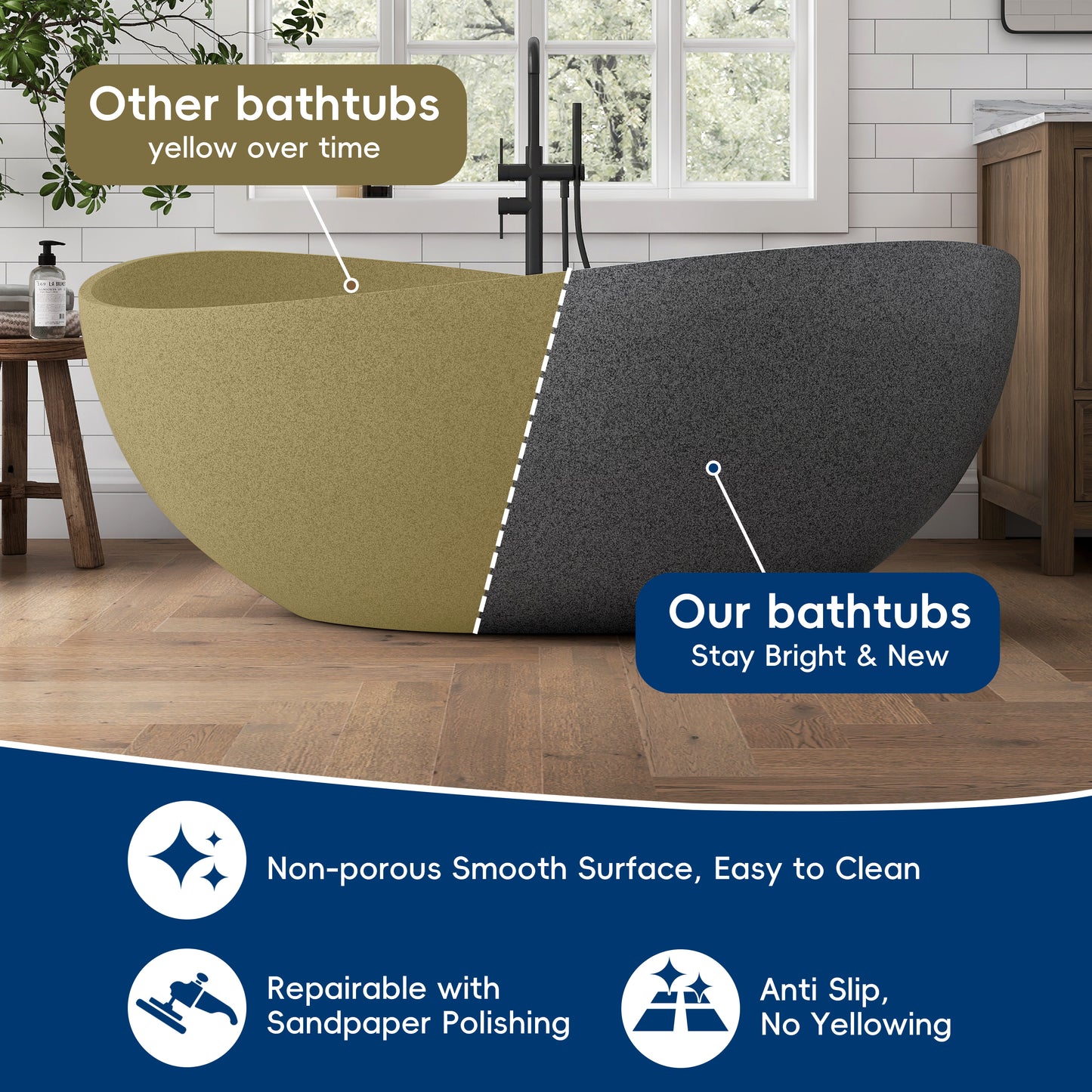 Medunjess 63" Granular Grey Wavy Freestanding Tub Solid Surface Freestadning Bathtub
