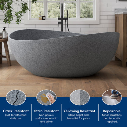 Medunjess 63" Granular Grey Wavy Freestanding Tub Solid Surface Freestadning Bathtub