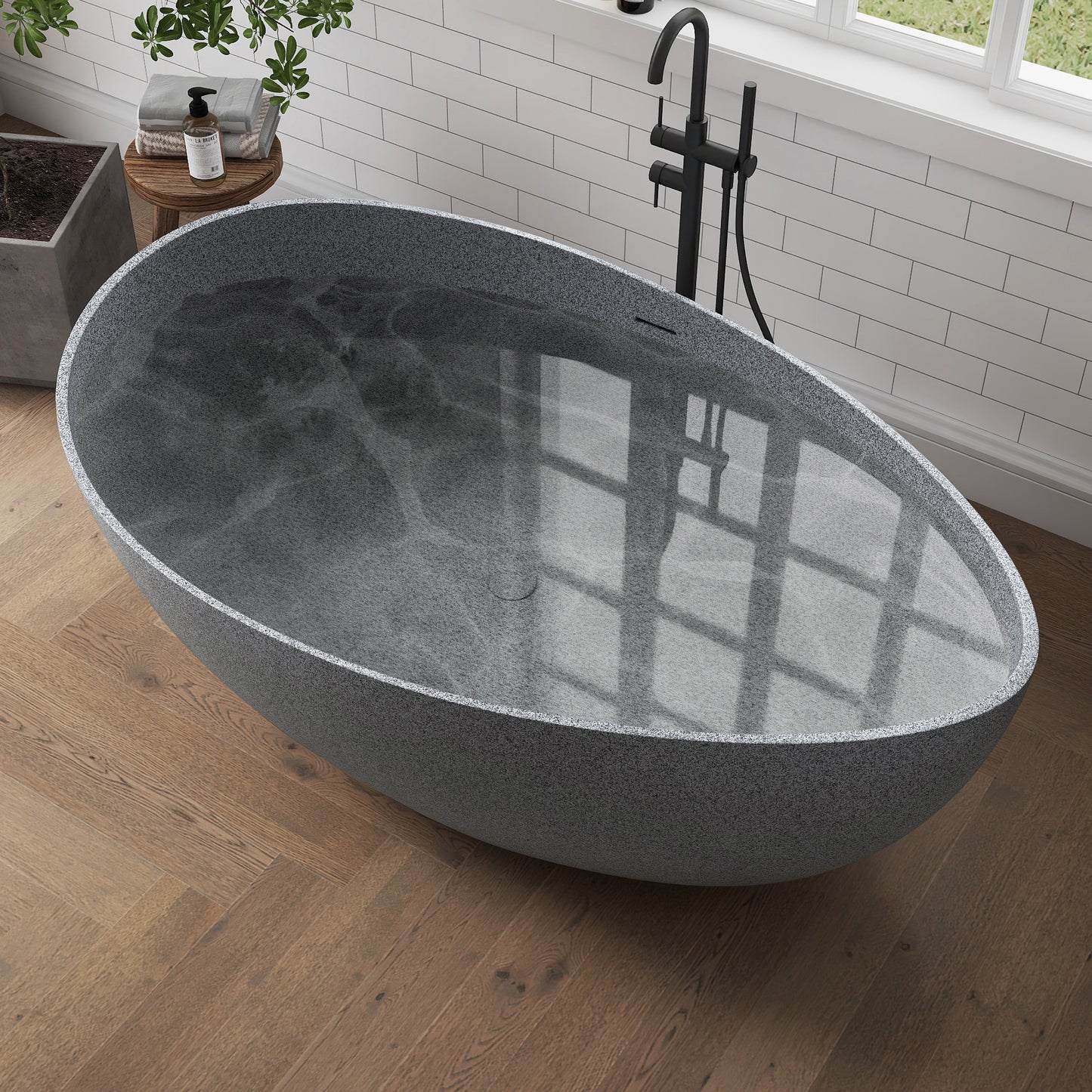 Medunjess 63" Granular Grey Wavy Freestanding Tub Solid Surface Freestadning Bathtub