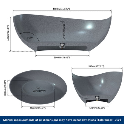 Medunjess 63" Granular Grey Wavy Freestanding Tub Solid Surface Freestadning Bathtub