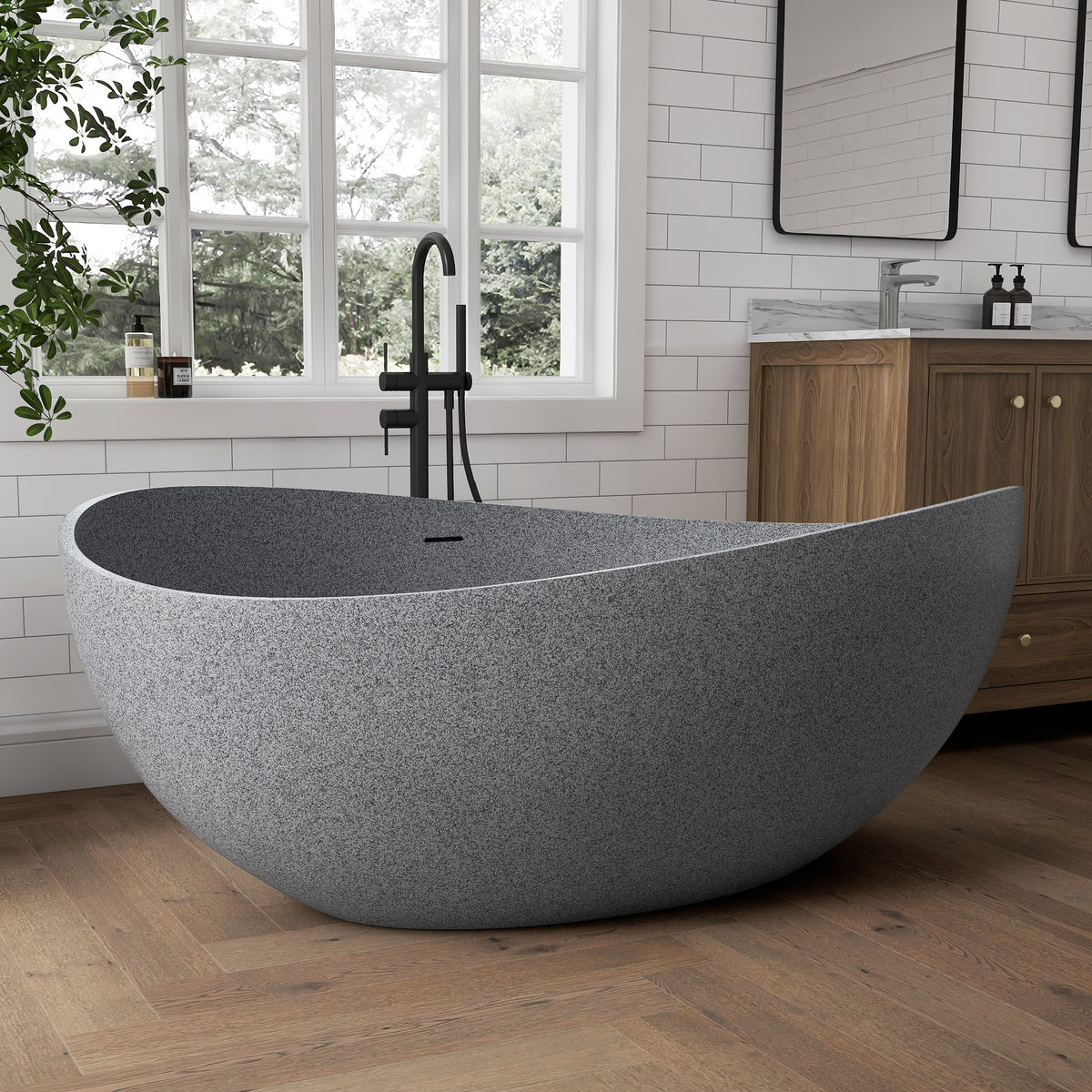 Medunjess 63" Granular Grey Wavy Freestanding Tub Solid Surface Freestadning Bathtub