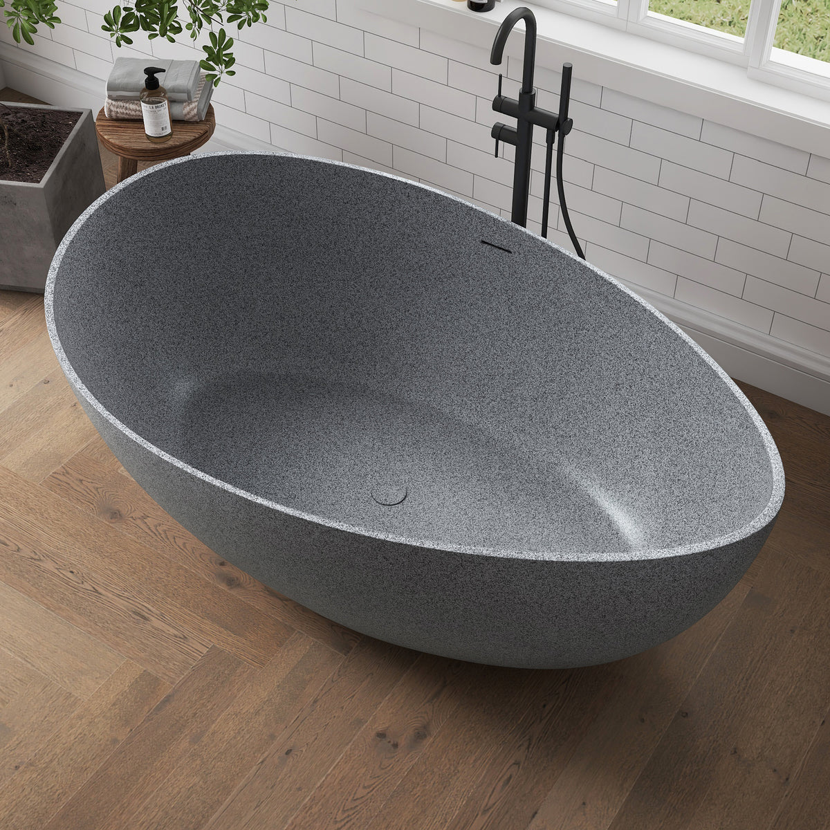 Medunjess 63" Granular Grey Wavy Freestanding Tub Solid Surface Freestadning Bathtub