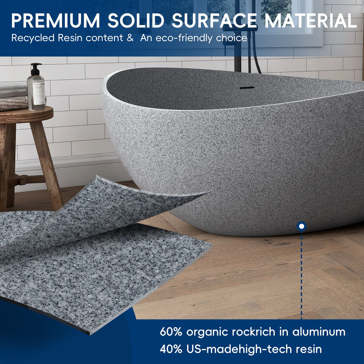 Medunjess 63" Granular Grey Wavy Freestanding Tub Solid Surface Freestadning Bathtub