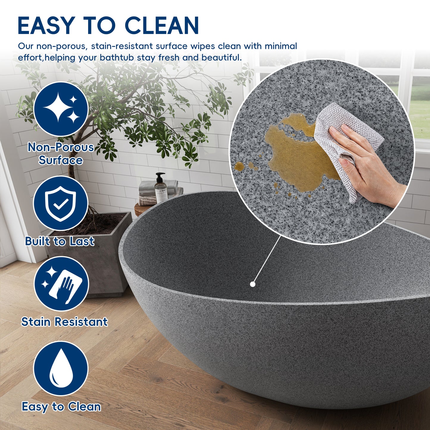 Medunjess 63" Granular Grey Wavy Freestanding Tub Solid Surface Freestadning Bathtub