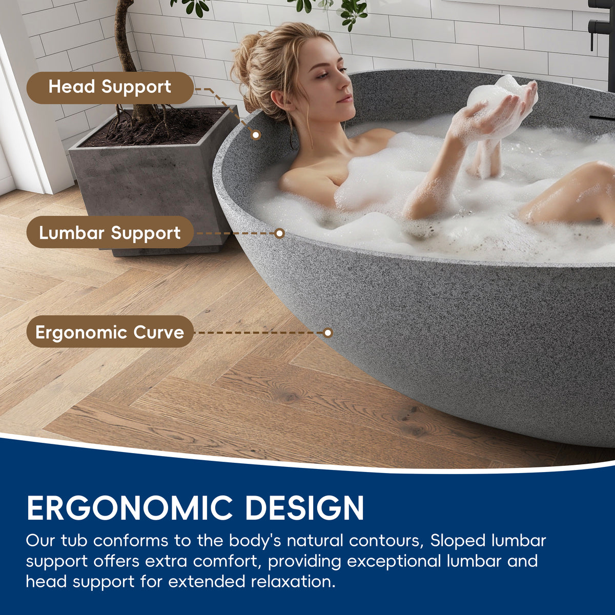 Medunjess 63" Granular Grey Wavy Freestanding Tub Solid Surface Freestadning Bathtub