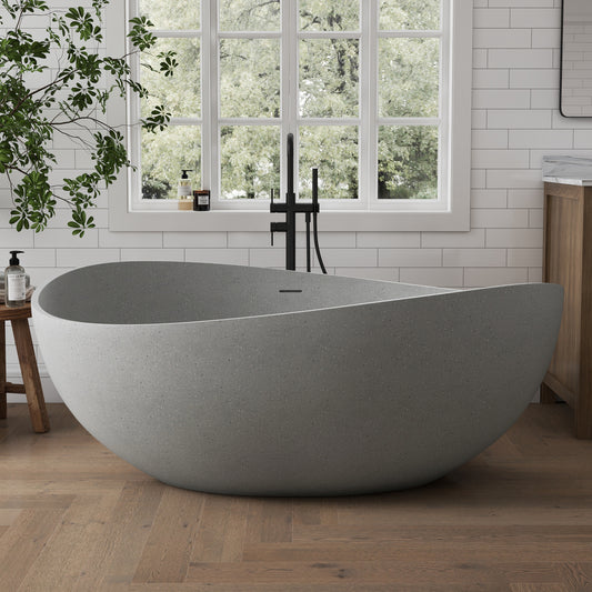 Medunjess 63" Granular Light Grey Wavy Freestanding Tub Solid Surface Freestadning Bathtub