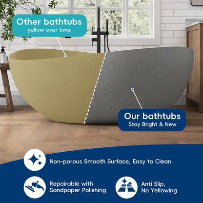 Medunjess 63" Granular Light Grey Wavy Freestanding Tub Solid Surface Freestadning Bathtub