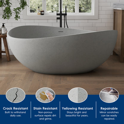 Medunjess 63" Granular Light Grey Wavy Freestanding Tub Solid Surface Freestadning Bathtub