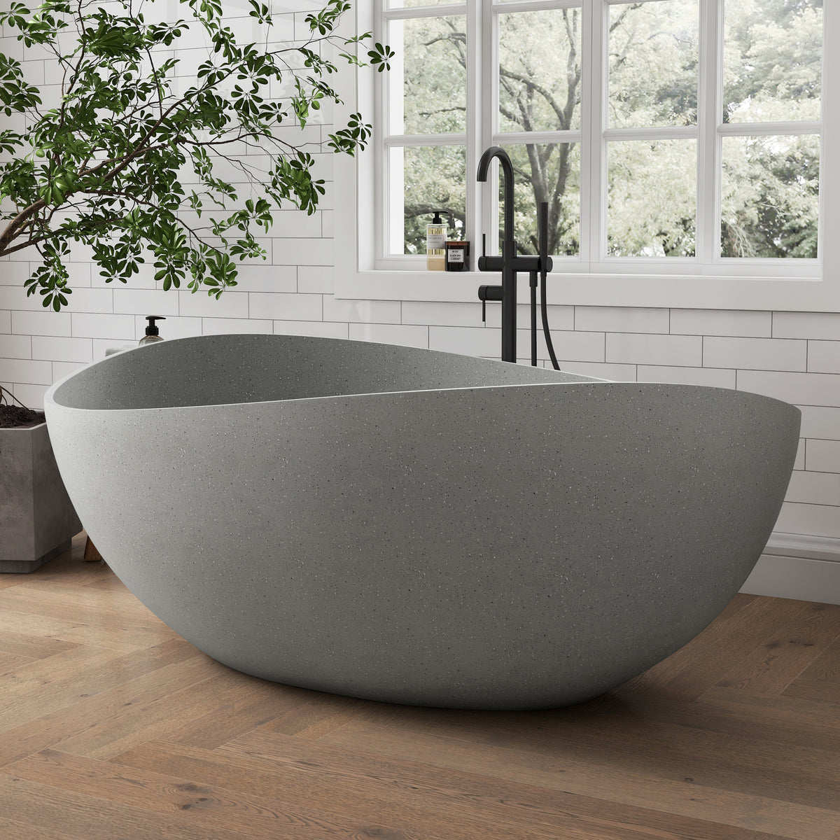 Medunjess 63" Granular Light Grey Wavy Freestanding Tub Solid Surface Freestadning Bathtub