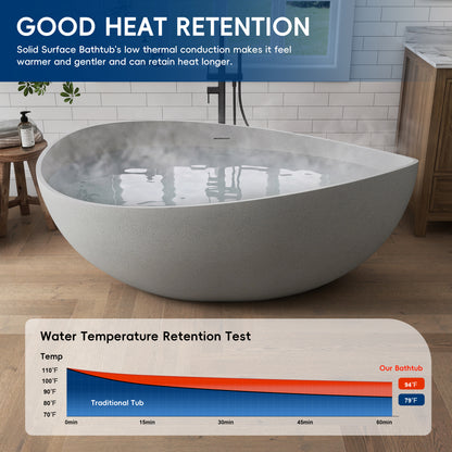 Medunjess 63" Granular Light Grey Wavy Freestanding Tub Solid Surface Freestadning Bathtub