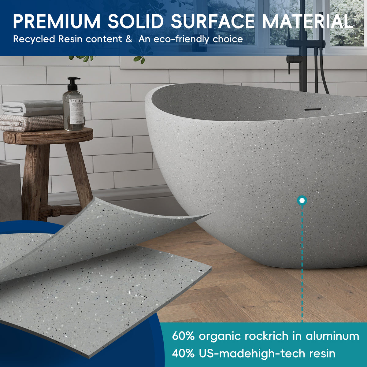 Medunjess 63" Granular Light Grey Wavy Freestanding Tub Solid Surface Freestadning Bathtub