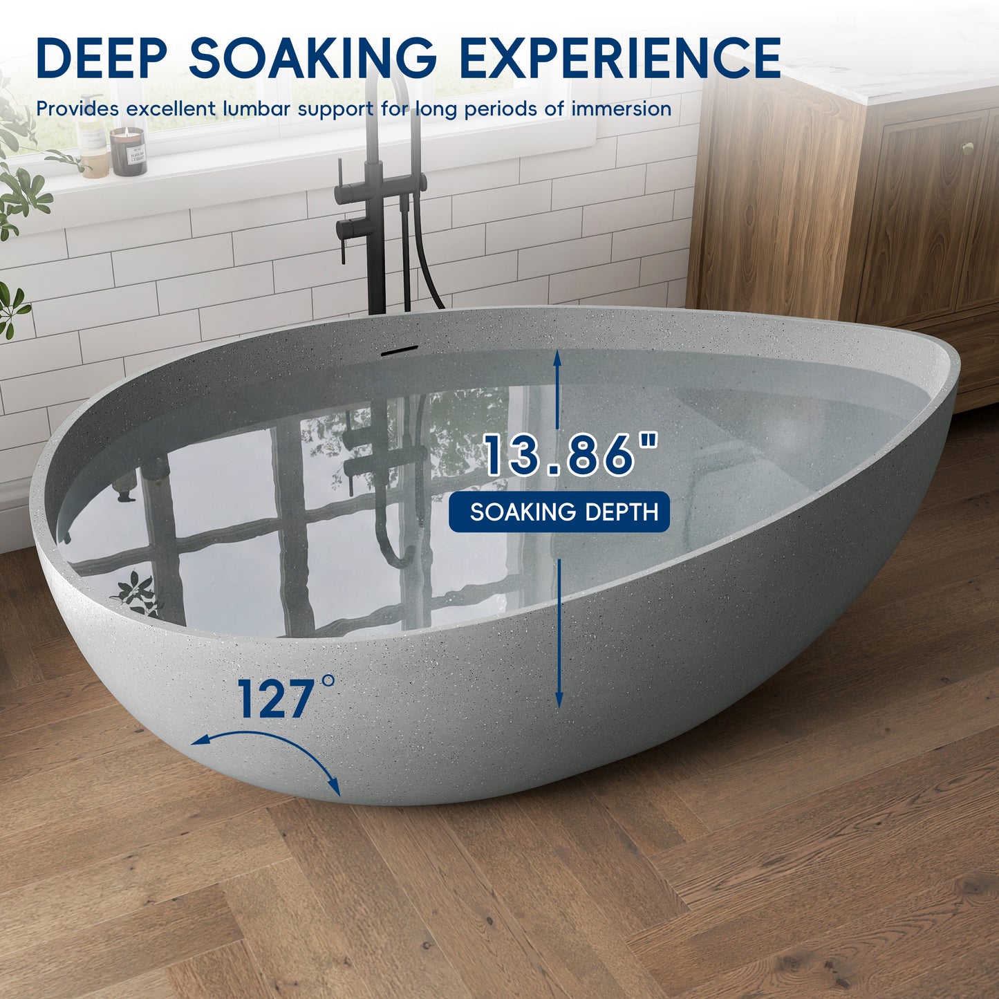 Medunjess 63" Granular Light Grey Wavy Freestanding Tub Solid Surface Freestadning Bathtub