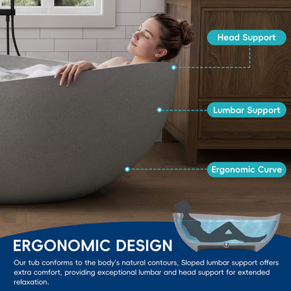 Medunjess 63" Granular Light Grey Wavy Freestanding Tub Solid Surface Freestadning Bathtub
