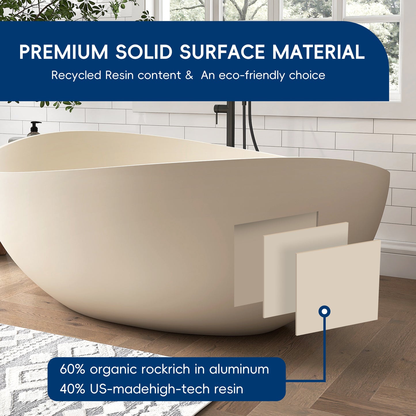 Medunjess 63" Milk-Coffee Wavy Freestanding Tub Solid Surface Freestadning Bathtub
