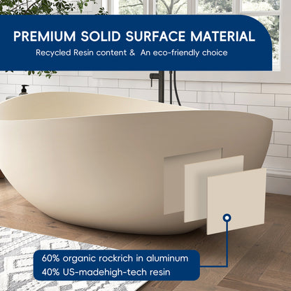 Medunjess 63" Milk-Coffee Wavy Freestanding Tub Solid Surface Freestadning Bathtub