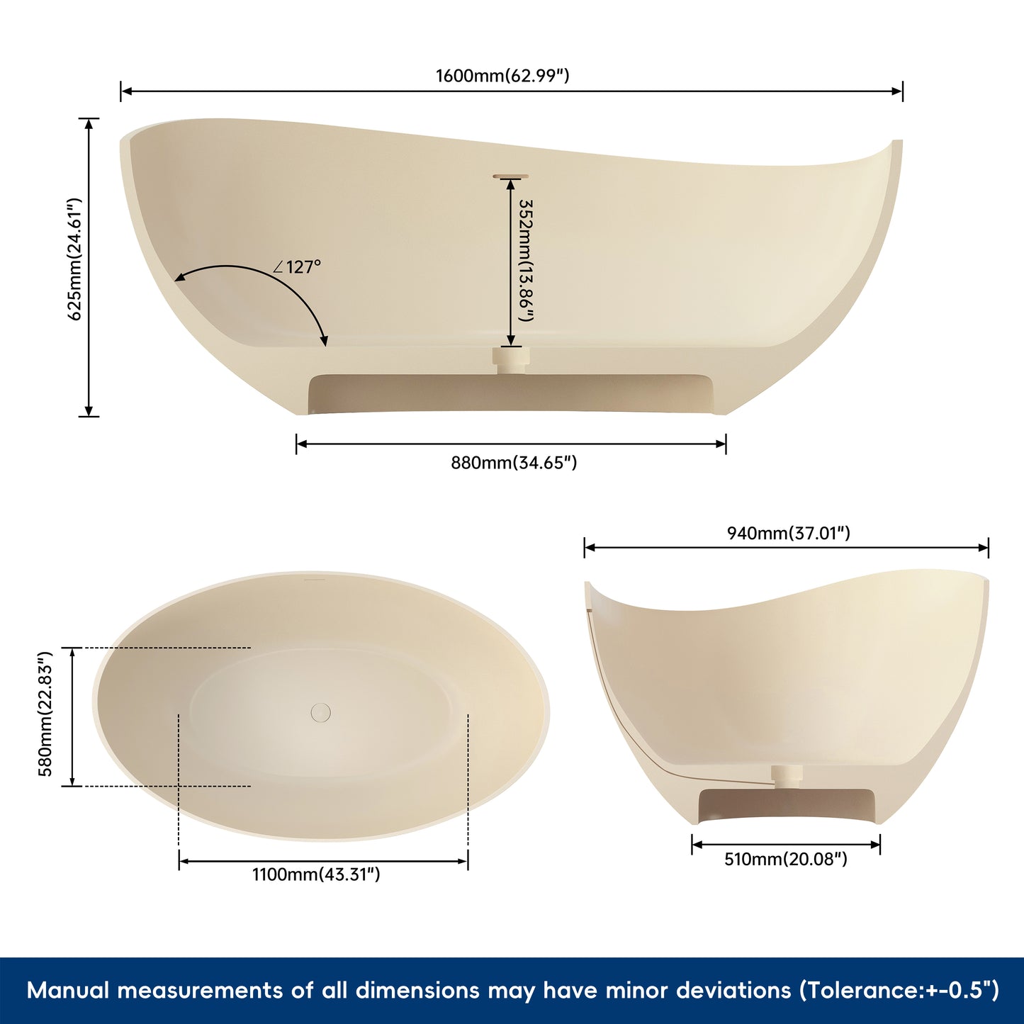 Medunjess 63" Milk-Coffee Wavy Freestanding Tub Solid Surface Freestadning Bathtub