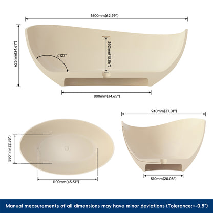 Medunjess 63" Milk-Coffee Wavy Freestanding Tub Solid Surface Freestadning Bathtub