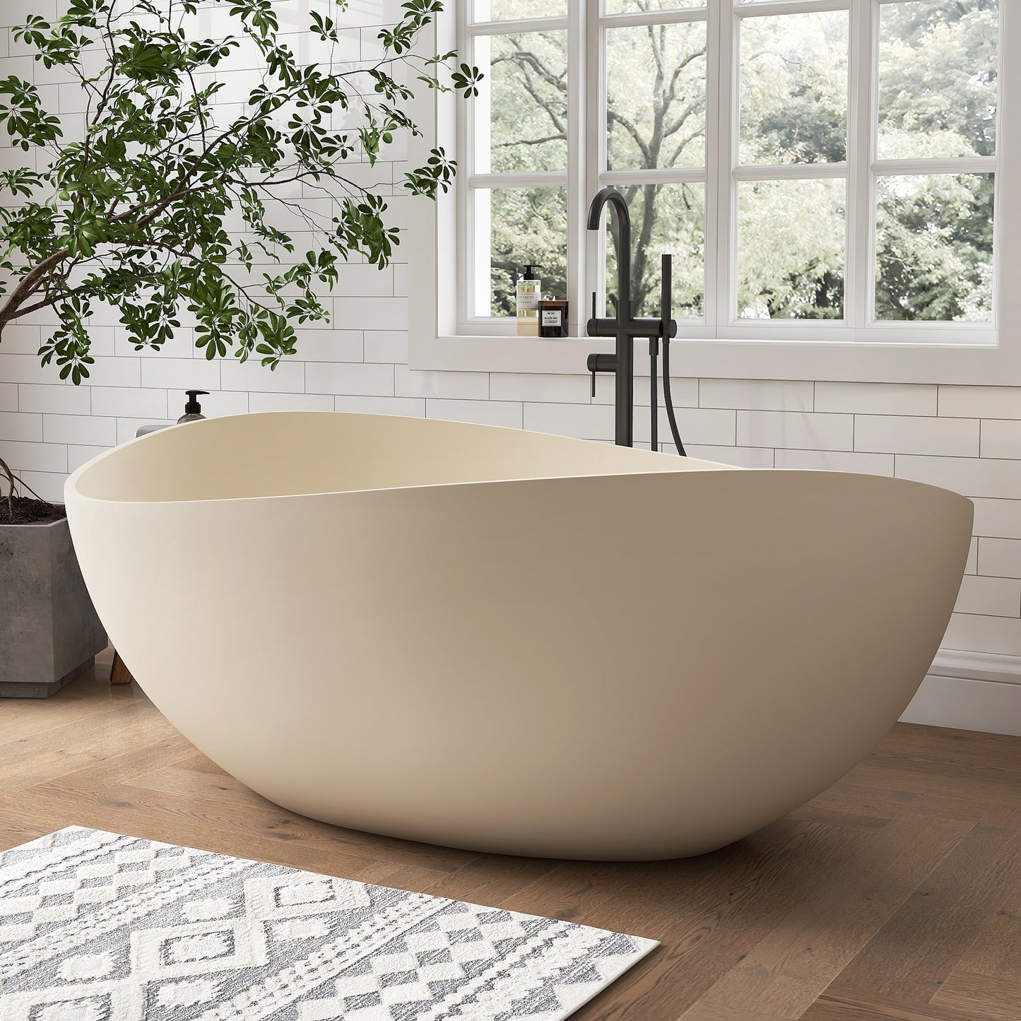 Medunjess 63" Milk-Coffee Wavy Freestanding Tub Solid Surface Freestadning Bathtub