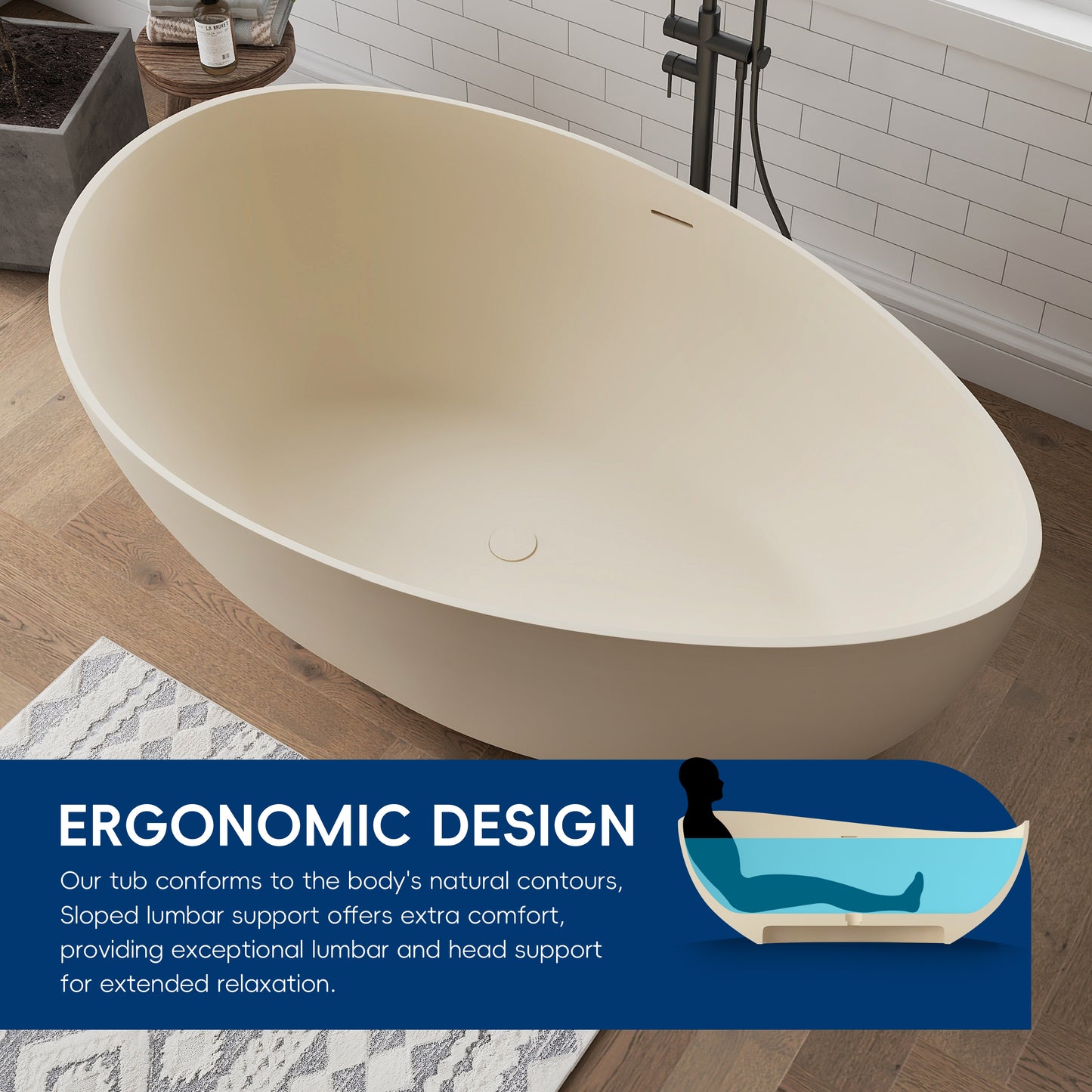 Medunjess 63" Milk-Coffee Wavy Freestanding Tub Solid Surface Freestadning Bathtub