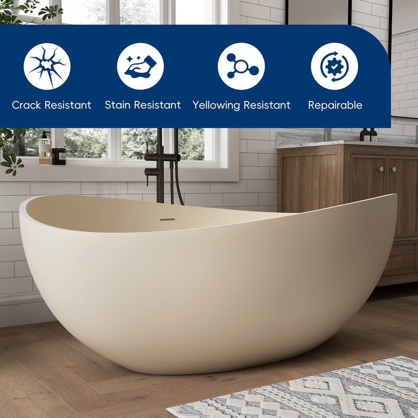 Medunjess 63" Milk-Coffee Wavy Freestanding Tub Solid Surface Freestadning Bathtub