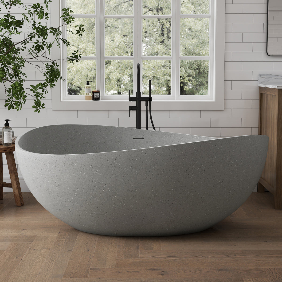 Medunjess 63" Wavy Freestanding Tub Solid Surface Freestadning Stone Resin Soaking Bathtub
