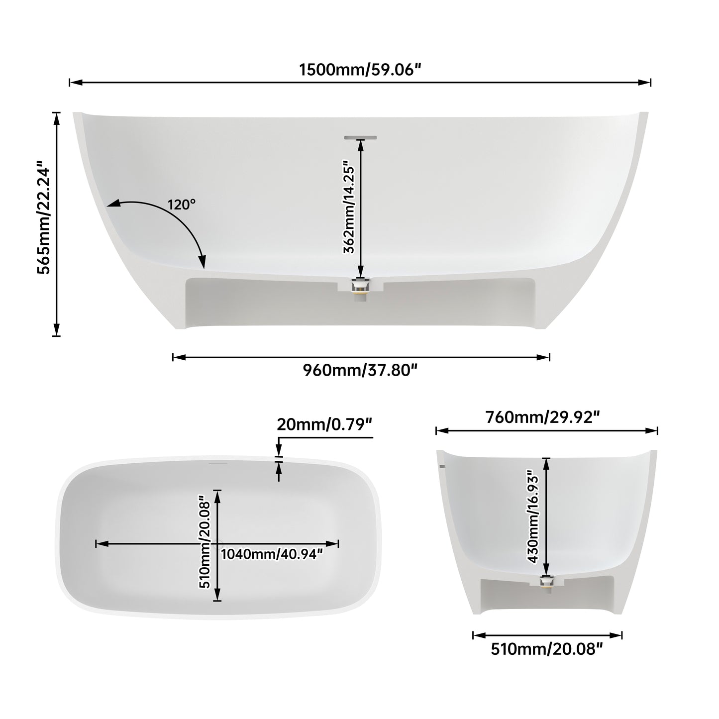 Medunjess Chelsea 59" Freestanding Tub Solid Surface Freestanding Soaking Bathtub
