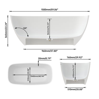 Medunjess Chelsea 59" Freestanding Tub Solid Surface Freestanding Soaking Bathtub
