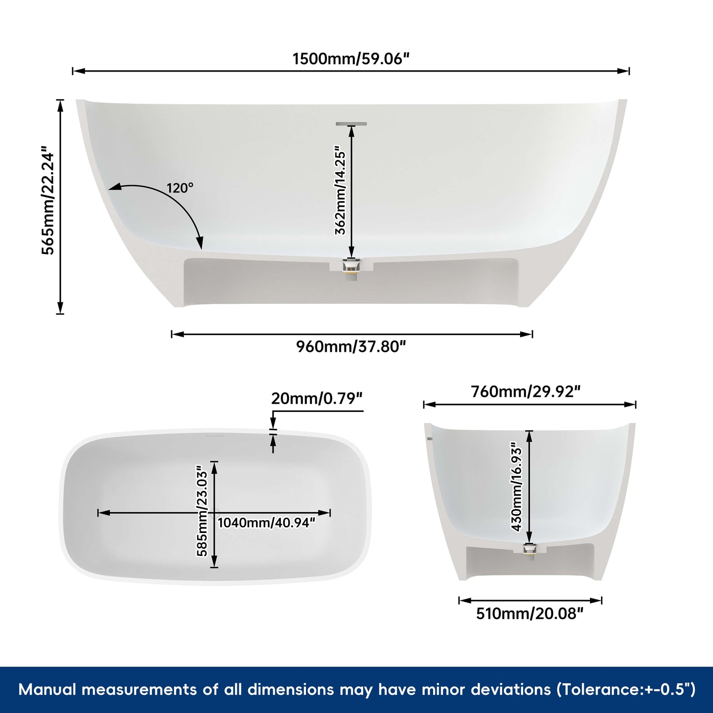 Medunjess Chelsea 59'' Freestanding Tub Solid Surface Freestanding Soaking Bathtub