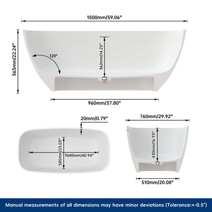 Medunjess Chelsea 59'' Freestanding Tub Solid Surface Freestanding Soaking Bathtub