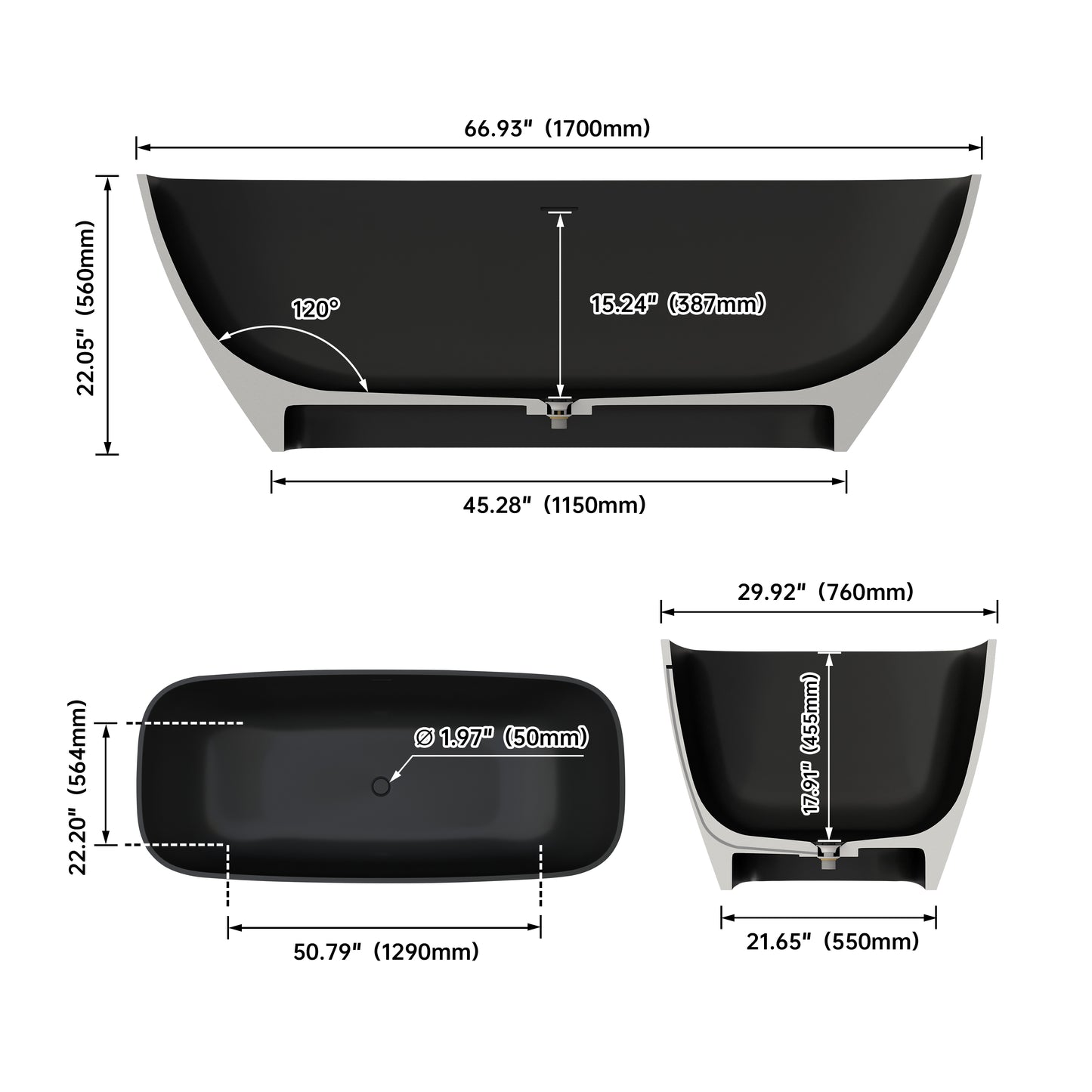 Medunjess 67" Solid Surface Freestanding Soaking Tubs in Matte Black