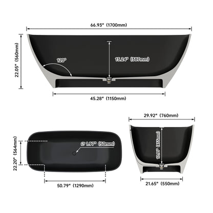 Medunjess 67" Solid Surface Freestanding Soaking Tubs in Matte Black