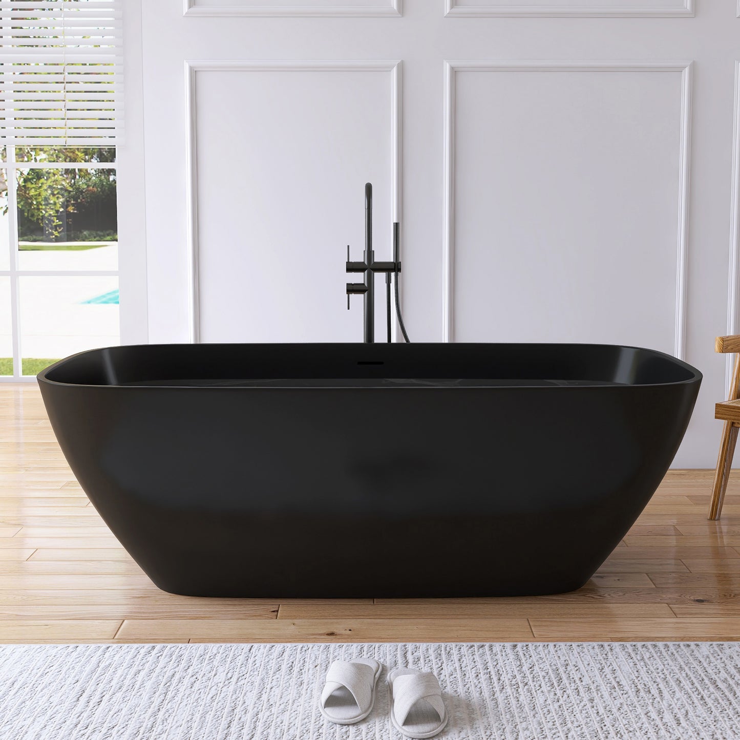 Medunjess 67" Freestanding Soaking Bathtub Solid Surface Soaking Tubs in Matte White