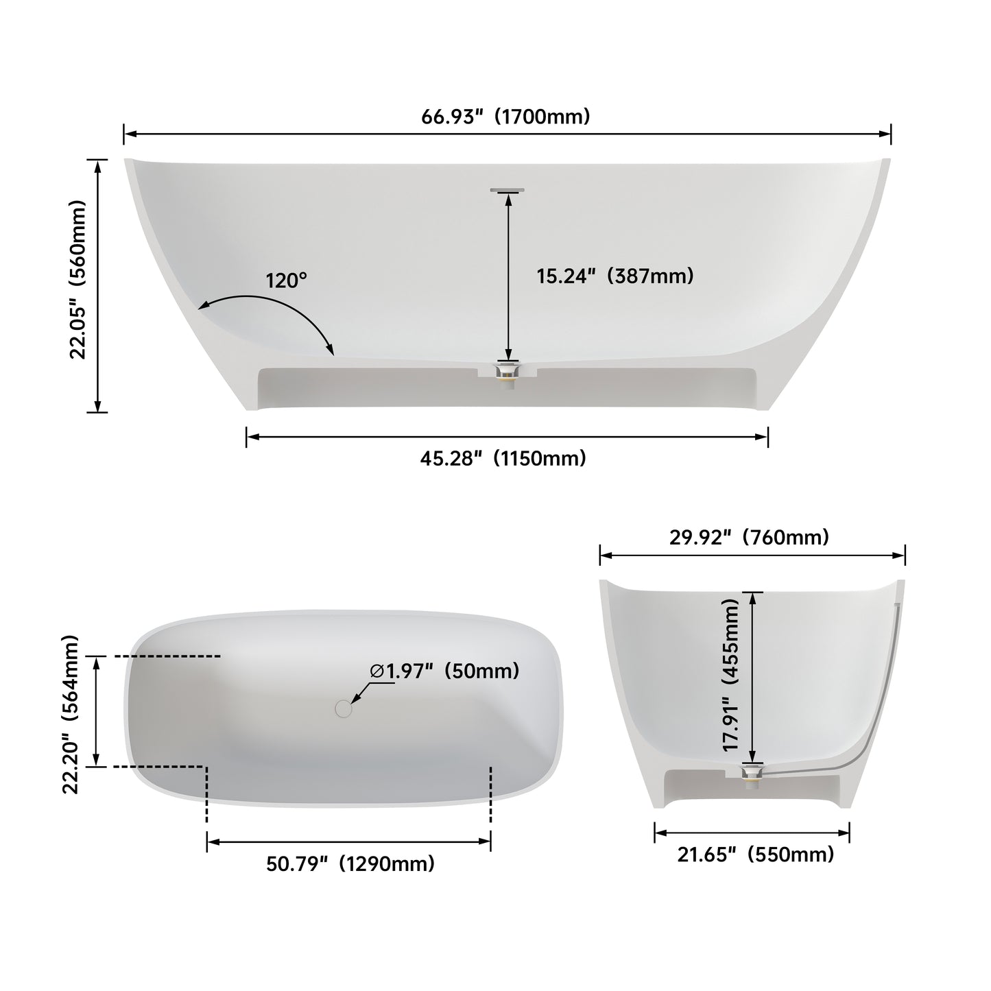 Medunjess 67" Freestanding Soaking Bathtub Solid Surface Soaking Tubs in Matte White