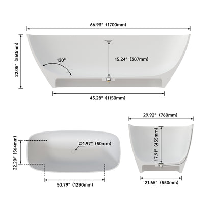 Medunjess 67" Freestanding Soaking Bathtub Solid Surface Soaking Tubs in Matte White