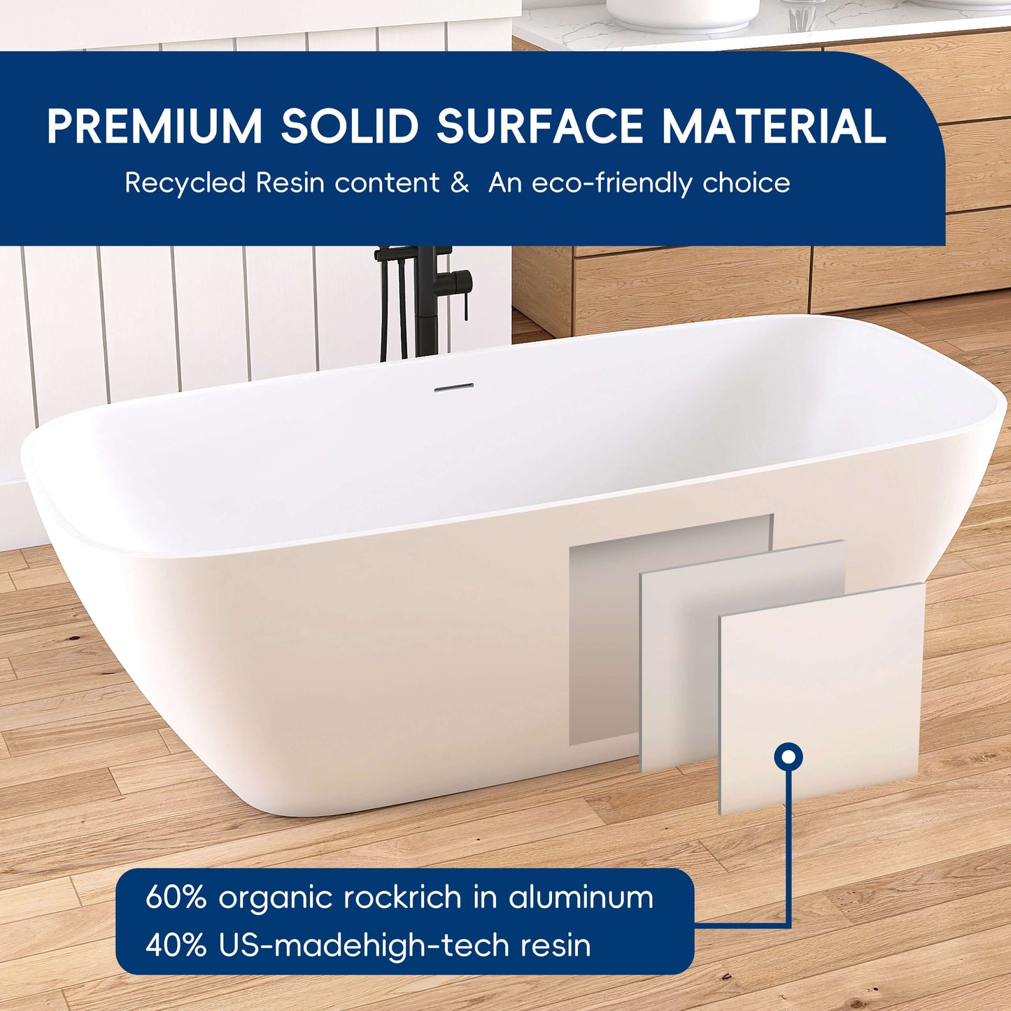 Medunjess 67'' Freestanding Soaking Bathtub Solid Surface Soaking Tubs in Matte White