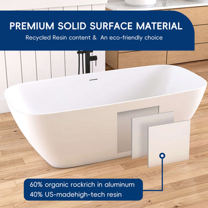 Medunjess 67'' Freestanding Soaking Bathtub Solid Surface Soaking Tubs in Matte White