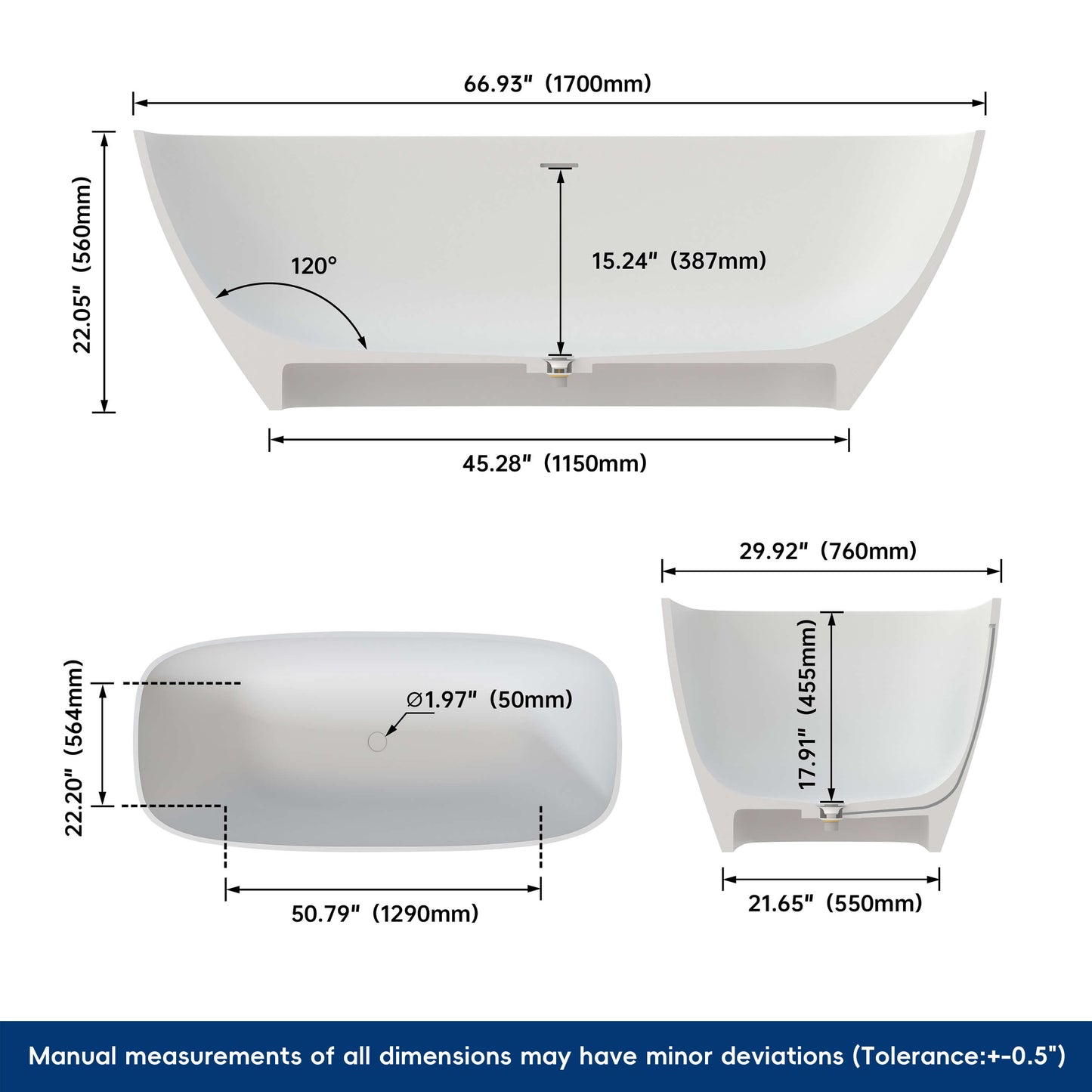 Medunjess 67'' Freestanding Soaking Bathtub Solid Surface Soaking Tubs in Matte White