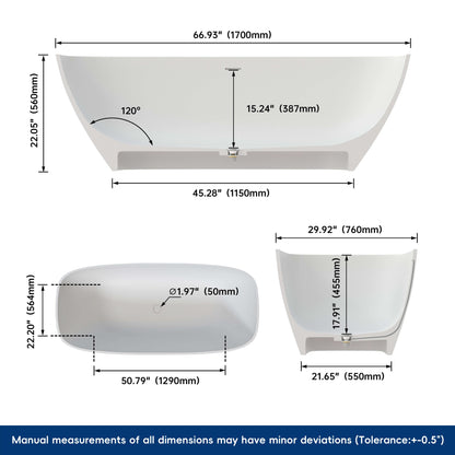 Medunjess 67'' Freestanding Soaking Bathtub Solid Surface Soaking Tubs in Matte White